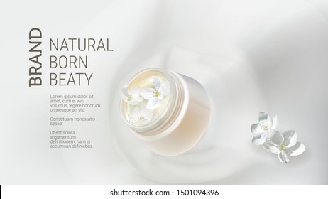 Cosmetic realistic vector background. White open jar with organic cream falling in milk splash near jasmine flowers. Mock up promo banner, concept poster for natural cosmetics, organic product ad