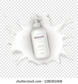 Cosmetic realistic vector element with cream. Skin care cosmetics, body lotion in white plastic bottle with dispenser fall into milk splash, crown. Mock-up promo design, advertising poster template