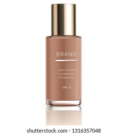 Cosmetic realistic vector, foundation for perfect makeup, decorative cosmetics. Colorstay foundation in glass bottle with golden cap for radiant complexion, isolated on white background