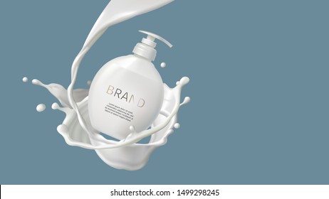 Cosmetic realistic vector illustration, isolated cream or milk swirl, splash and white pump bottle. Skin care cosmetics, body lotion, washing gel or liquid soap in round bottle with dispenser - Shutterstock ID 1499298245