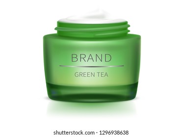 Cosmetic realistic vector object. Green open glass jar with silver brand label and shadow, isolated on white background. Natural cosmetics concept, organic formula for healthy skin