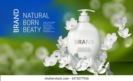 Cosmetic realistic vector poster with liquid soap packaging and white jasmine flowers. Skin care cosmetics, body lotion, hand washing gel or cleancer in white bottle with pump on a natural background