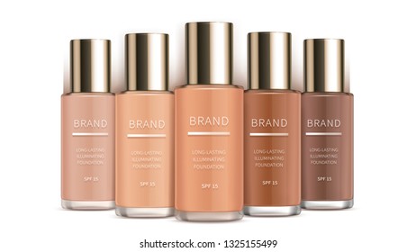 Cosmetic realistic vector, premium foundation for perfect makeup, decorative cosmetics. Colorstay foundation of various shades isolated on white background, mock up for magazine, catalog