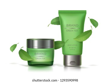 Cosmetic realistic vector set. Green glass jar and plastic tube with silver lid and flying green tea leaves isolated on white background, natural cosmetics concept, organic formula for healthy skin