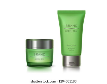 Cosmetic realistic vector set. Green glass jar and plastic tube with silver lid with reflection, isolated on white background, natural cosmetics, cream or organic lotion formula for healthy skin