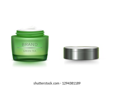 Conjunto de vectores estéticos realistas. Frasco de vidrio verde con tapa plateada abierta yacía al lado, con sombra, aislado en fondo blanco. Concepto cosmético natural, fórmula orgánica para la piel sana