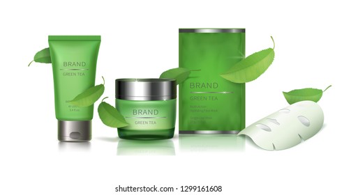 Cosmetic realistic vector set. Green jar and tube with cream, sachet with facial sheet mask and green tea leaves, organic cosmetics, natural formula for skincare. Mock up for ads, magazine or catalog