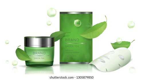Cosmetic realistic vector set. Green glass jar with cream, sachet with facial sheet mask and green tea leaves, organic cosmetics, natural formula for skincare. Mock up for ads, magazine or catalog