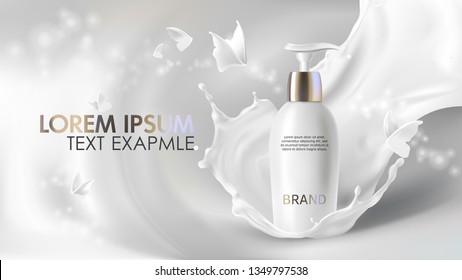 Cosmetic realistic vector shining background with cream. Skin care cosmetics body lotion in white bottle with silver dispenser in milk splash, crown with flying butterflies Mock-up promo banner poster