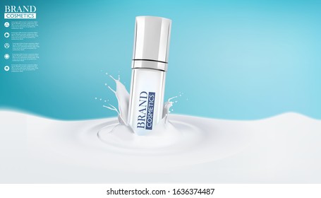Cosmetic realistic vector shining background with spray bottle. spray bottle White in milk splash.Mock-up promo banner poster