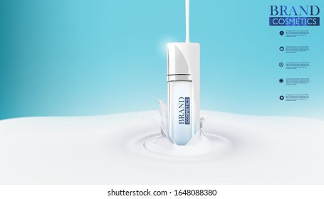Cosmetic realistic vector shining background with spray bottle. spray bottle White in milk splash.Mock-up promo banner poster