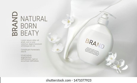 Cosmetic realistic vector white poster with cream or pouring milk and falling liquid jasmine soap pack. Skin care cosmetics, washing gel in white bottle on wavy liquid surface Mock-up promo banner
