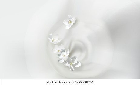 Cosmetic realistic vector white poster with cream or milk swirl, falling jasmine flower. Skin care natural or organic cosmetics concept, wavy liquid surface with whirlpool. Mock-up promo banner