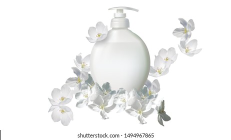 Cosmetic realistic white vector illustration with liquid soap packaging and falling jasmine flowers. Skin care cosmetics body lotion, washing gel or cleancer in white blank bottle with pump