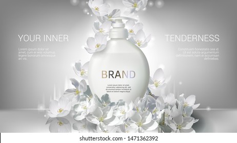 Cosmetic Realistic White Vector Poster With Liquid Soap Packaging And Falling Jasmine Flowers. Skin Care Cosmetics Body Lotion, Washing Gel Or Cleancer In White Bottle With Pump. Mock-up Promo Banner