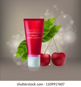Cosmetic red mock-up with leaf and cherry realistic template illustration brand cream flask gel essential