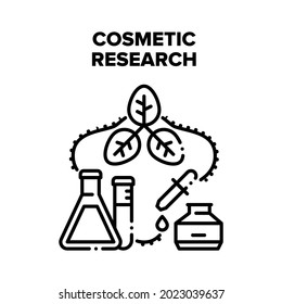 Cosmetic Research Occupation Vector Icon Concept. Cosmetic Research In Chemical Laboratory, Analyzing Liquid Mixture And Herbal Extract For Perfume In Lab Flask. Natural Product Black Illustration