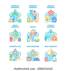 Cosmetic Research Set Icons Vector Illustrations. Serum And Gel, Male Perfume Spray And Aromatic Lotion Premium Cosmetic Prepared From Sakura And Milk. Plastic Surgeon Treatment Color Illustrations