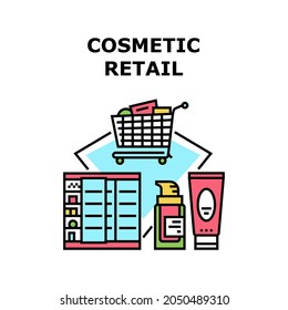 Cosmetic Retail Vector Icon Concept. Cosmetic Retail In Shop, Choosing Cosmetology Product On Store Shelf Counter And Carrying In Market Cart. Beauty Skincare Cream Buying Color Illustration