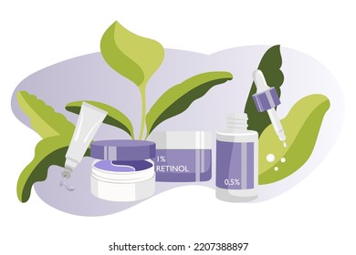Cosmetic Retinol Collection. Face home beauty routine with Anti-aging Serum, Moisturizer, tube of eye cream,  eye patches. Vector flat illustration.