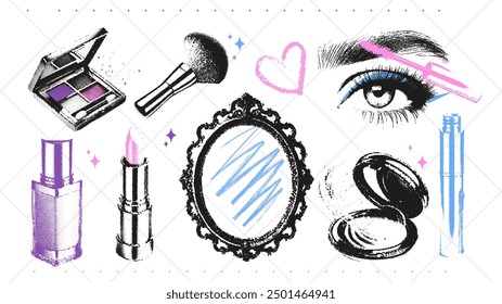 Cosmetic retro elements with photocopy stipple effect for collage art. Vector illustration of lipstick, frame, cream, powder, mascara, lashes, eye in halftone dotwork design for banner or poster, punk