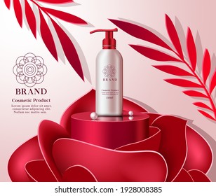 Cosmetic Rose Product Vector Banner Template. Cosmetics Lotion Product With Rose Extract For Beauty Skin Care Mock Up Commercial Promotion Design. Vector Illustration
