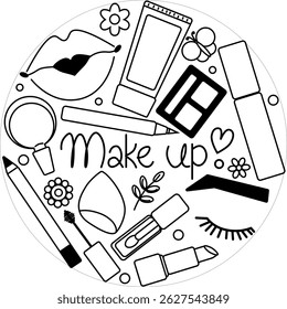 Cosmetic Round circle composition. Vector graphic line illustration. Black and white cute cosmetic makeup art. illustration for package, vacation design, fabric and textile.
