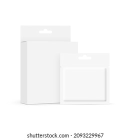 Cosmetic Sachet with Packaging Box with Hang Tab, Isolated on White Background. Vector Illustration
