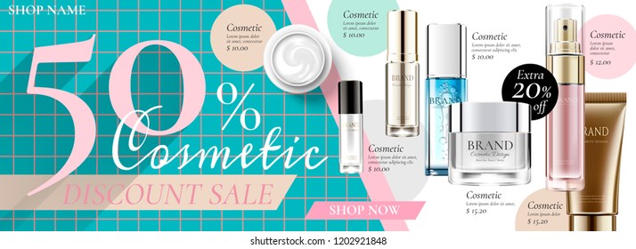 Cosmetic Sale Banner Ads With Products In 3d Illustration On Geometric Background