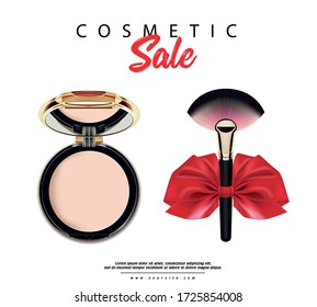 Cosmetic sale banner with make up brush and red ribbon bow and powder case isolated on white background.