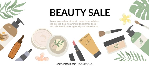 Cosmetic sale flat vector illustration. Beauty and skin care products online shopping. Cream, shampoo, lipstick, lotion, serum. Promotion banner, poster, flyer, web template, landing page