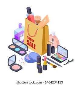 Cosmetic sale shoppig bag vector isometric concept. Illustration of bag with cosmetics, mirror and skincare cream