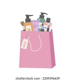 Fotograma vectorial plano de la bolsa de compra de venta cosmética. Belleza y productos de bienvenida en el embalaje de fondo blanco. Banner de promoción, afiche, descuentos.