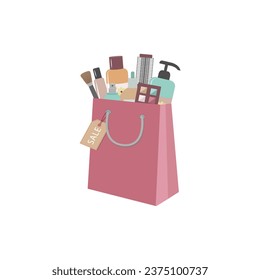 Cosmetic sale shopping bag flat vector illustration. Beauty and skin care products in package on white background