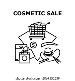 Cosmetic Sale Vector Icon Concept. Cosmetic Sale And Shopping, Choosing, Carrying In Market Cart And Purchase Cosmetology Product In Beauty Store. Buying Makeup Accessories Black Illustration