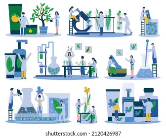 Cosmetic scientific laboratory set with flat icons of growing plants and essences in tubes with scientists vector illustration