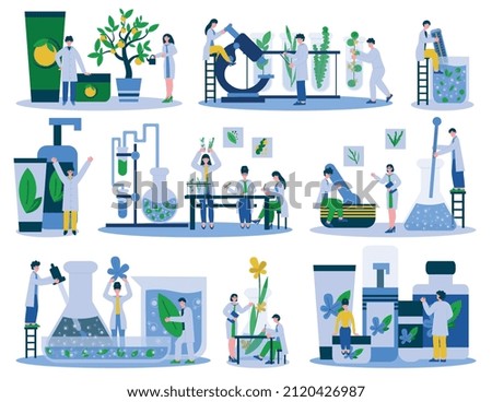 Cosmetic scientific laboratory set with flat icons of growing plants and essences in tubes with scientists vector illustration