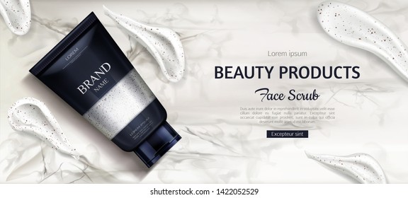 Cosmetic scrub bottle mockup, beauty cosmetics product for face care on marble background with cream smear brush strokes. Tube package design, promo template. Realistic 3d vector illustration, banner