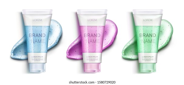 Cosmetic scrub bottles and smears set. Beauty cosmetics peeling product for face care with cream or gel brush strokes isolated on white background. Tube package design Realistic 3d vector illustration