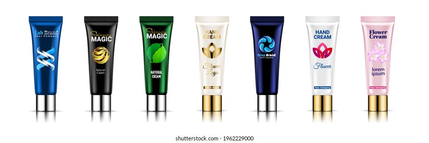 Cosmetic scrub bottles and smears set. Tube package design Realistic 3d vector illustration. Beauty cosmetics peeling product for face care with cream or gel brush strokes isolated white background.