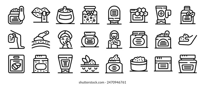 Cosmetic scrub icons outline set vector. A collection of various items related to beauty and personal care. The items include a bottle of lotion, a jar of face cream, a bottle of shampoo, and a bottle