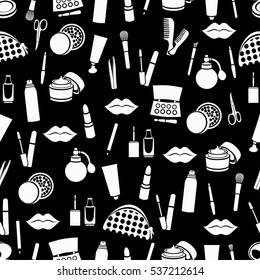 Cosmetic seamless pattern, accessories background. White cosmetic products on black background. Vector monochrome illustration