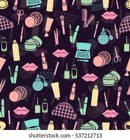 Cosmetic seamless pattern, accessories background. Colorful abstract flat cosmetic products pastel shades on purple background. Vector illustration