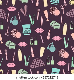 Cosmetic seamless pattern, accessories background. Colorful abstract flat cosmetic products pastel shades on purple background. Vector illustration