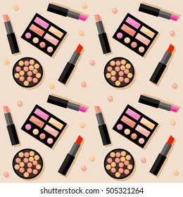 Cosmetic seamless pattern background. Bright flat cartoon cosmetic product isolated on beige cover. 