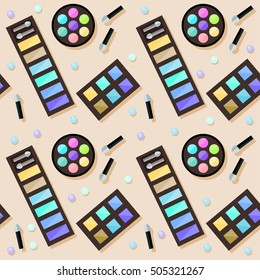 Cosmetic seamless pattern background. Bright flat cartoon cosmetic product isolated on beige cover. 