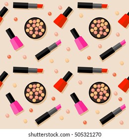Cosmetic seamless pattern background. Bright flat cartoon cosmetic product isolated on beige cover. 