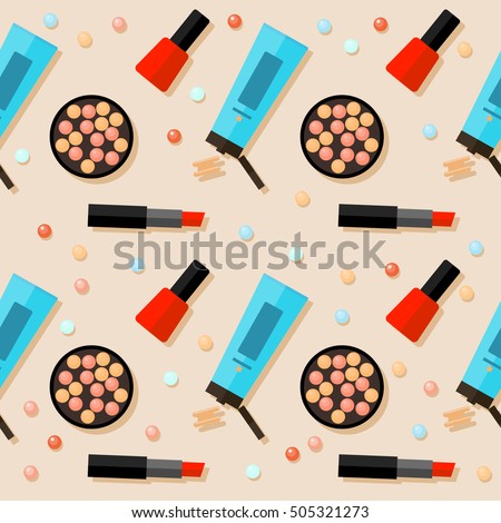 Cosmetic seamless pattern background. Bright flat cartoon cosmetic product isolated on beige cover. 