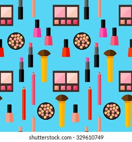 Cosmetic seamless pattern background. Trendy flat style. Bright products isolated on stylish blue cover for use in design