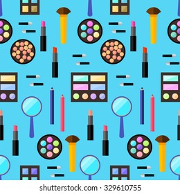 Cosmetic seamless pattern background. Trendy flat style. Bright products isolated on stylish blue cover for use in design
